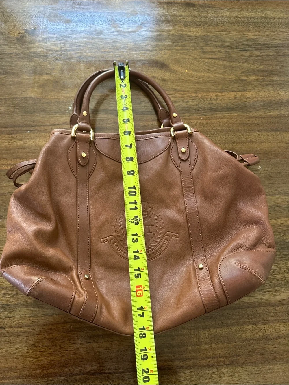 Vintage Ralph Lauren LXVII Brown Leather Tote SATCHEL COGNAC CREST WORK Bag